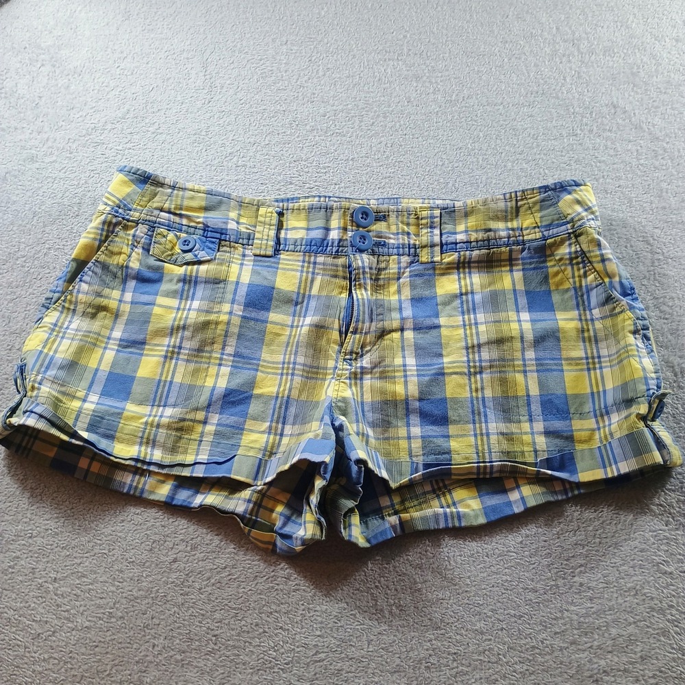 Piper & Blue Womens Plaid Shorts Blue Yellow Size 13 Double Button Waist